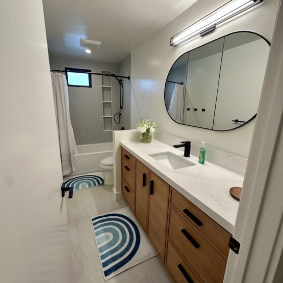 Reconfigured bathroom with a wood vanity, oval mirror and tub-shower in a Birdland home