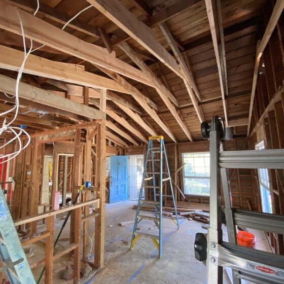Framing in progress for a vaulted ceiling in a Point Loma home