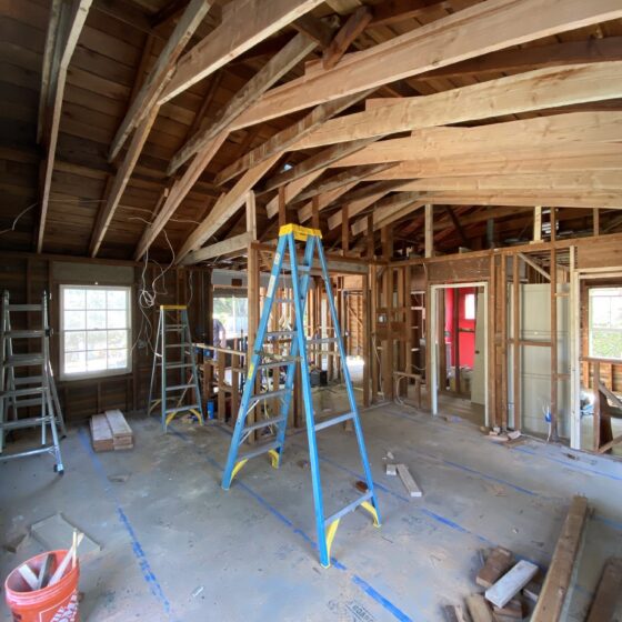 Open rafters and framing during a Point Loma vaulted ceiling remodel