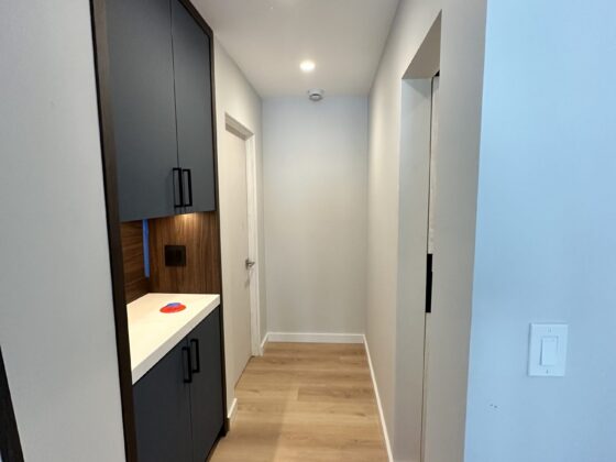 Hallway in a Scripps Ranch addition with built-in dark cabinets, a lit wood niche and large-format tile