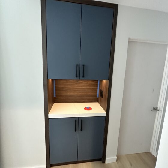 Built-in cabinet with blue-gray doors and a lit wood niche in a Scripps Ranch addition