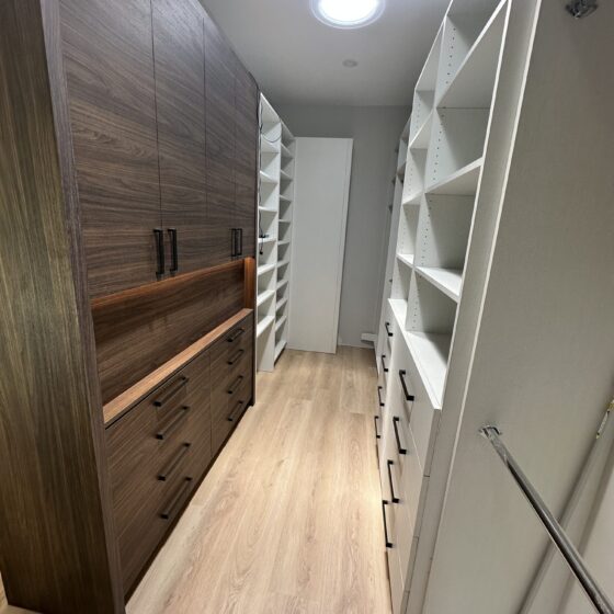 Walk-in closet with dark wood built-in drawers and white shelving in a Scripps Ranch home addition
